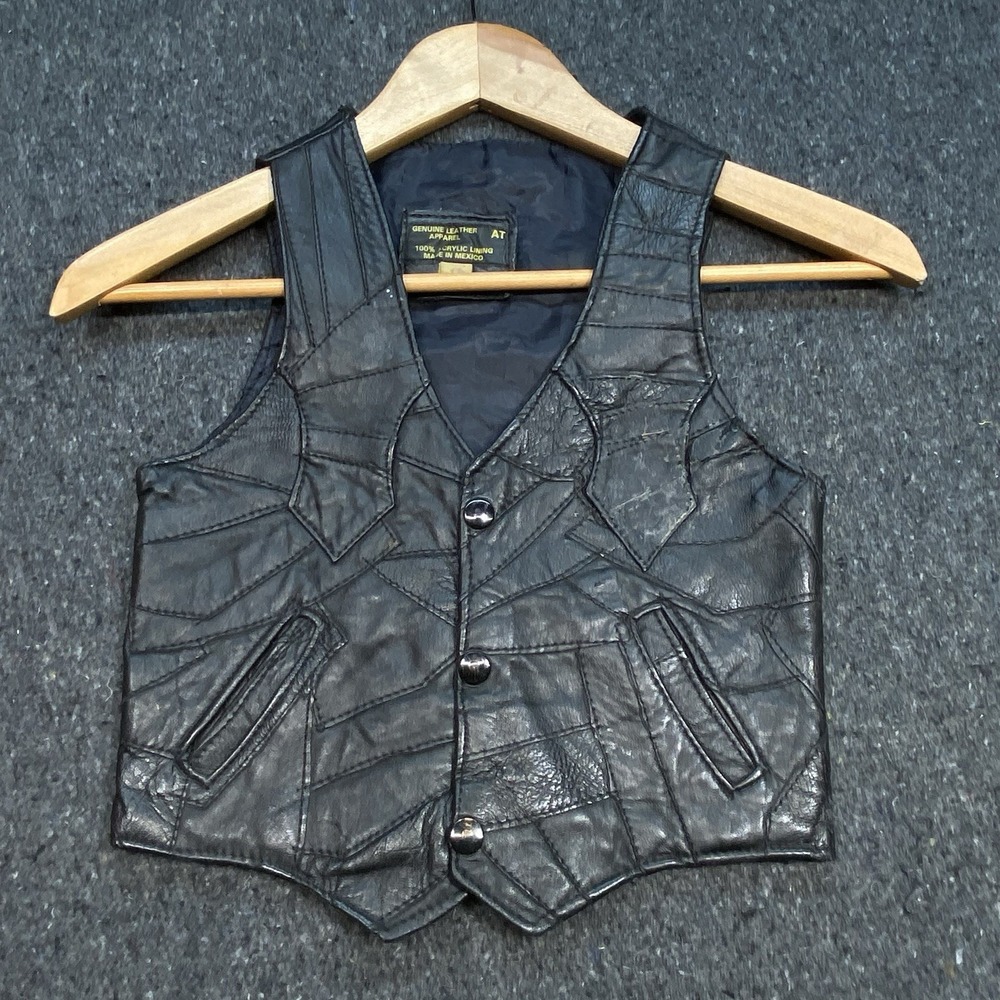 Black Leather Patchwork Vest Acrylic Lining Grunge Kids Sz‎ 10 Distressed